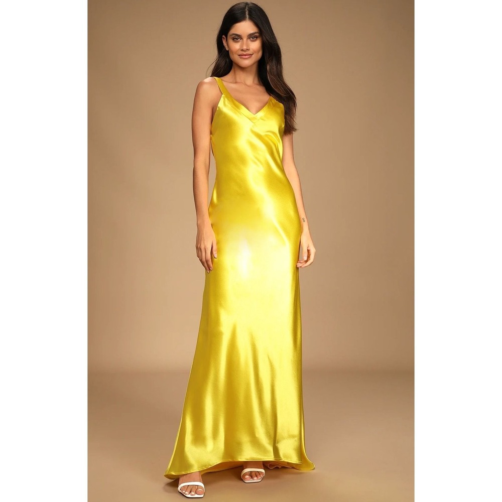 Lulus NWT Perfectly Classy Yellow Satin Strappy Maxi Dress - Medium